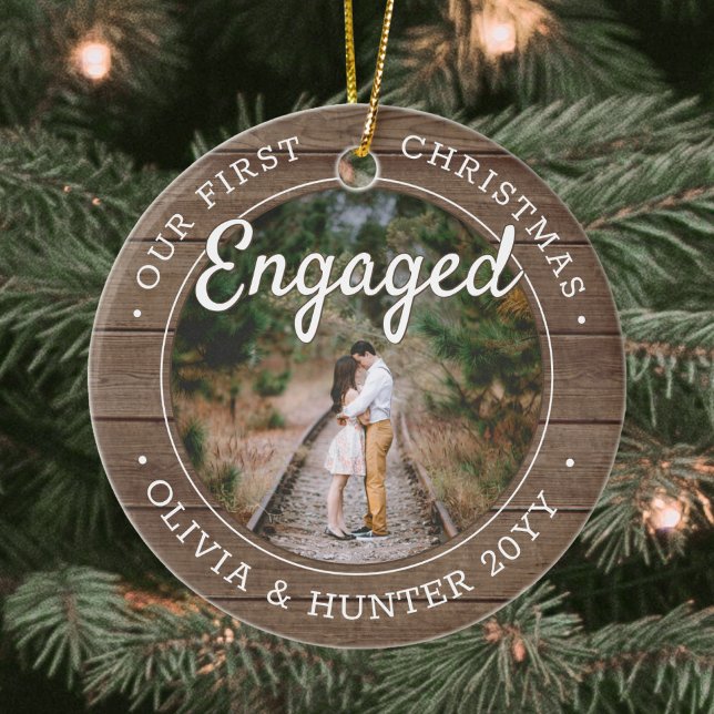 2 Photo Our 1st Christmas Engaged Rustic Faux Wood Ceramic Ornament (Creator Uploaded)