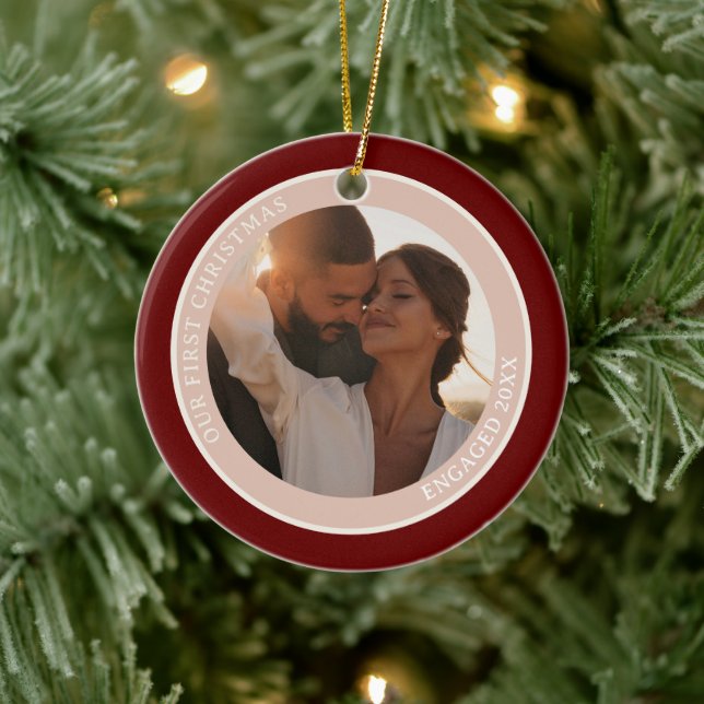 2 Photo Our First Christmas Engaged Beige Blush  Ceramic Ornament (Tree)