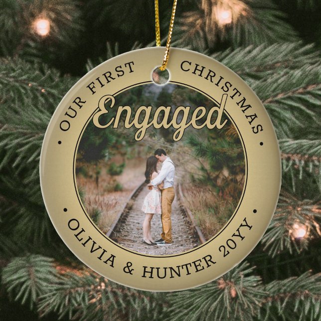 2 Photo Our First Christmas Engaged Black and Gold Ceramic Ornament (Creator Uploaded)