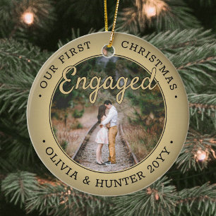 2 Photo Our First Christmas Engaged Black and Gold Ceramic Ornament