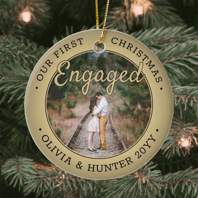 2 Photo Our First Christmas Engaged Black and Gold Ceramic Ornament (Creator Uploaded)