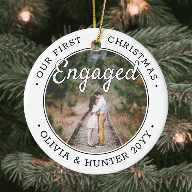 2 Photo Our First Christmas Engaged Black & White Ceramic Ornament (Creator Uploaded)