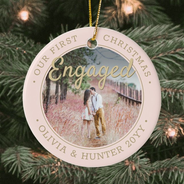 2 Photo Our First Christmas Engaged Blush and Gold Ceramic Ornament (Creator Uploaded)
