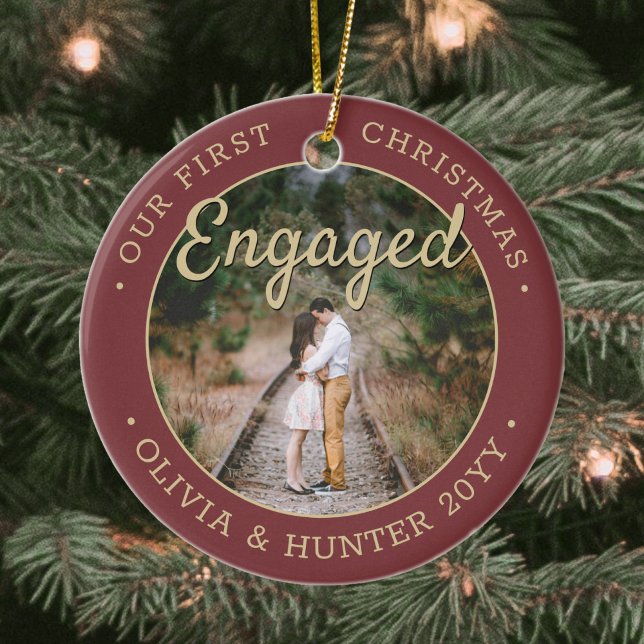 2 Photo Our First Christmas Engaged Burgundy Gold Ceramic Ornament (Creator Uploaded)