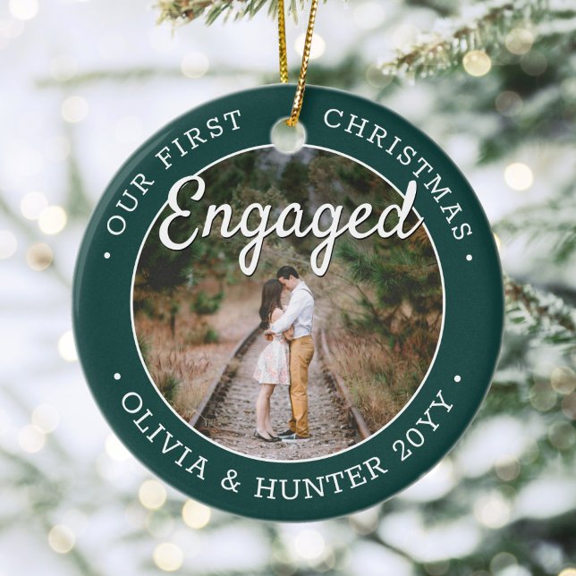 2 Photo Our First Christmas Engaged Green & White Ceramic Ornament (Creator Uploaded)