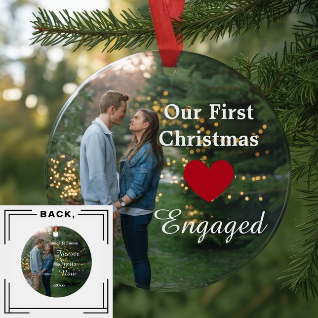 2 Photo Our First Christmas Engaged heart /custom Ceramic Ornament (Creator Uploaded)
