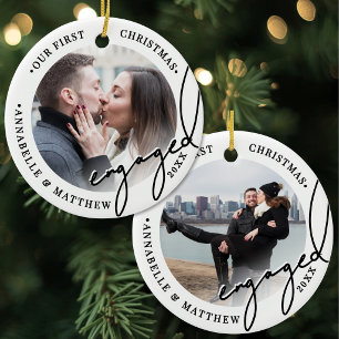 2 Photo Our First Christmas Engaged Photo Ceramic Ornament