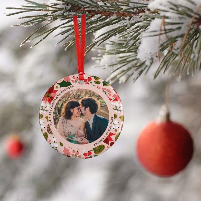 2 Photo Our First Christmas Engaged Pink Floral Ceramic Ornament (Creator Uploaded)