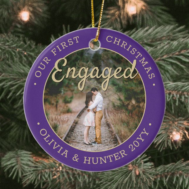 2 Photo Our First Christmas Engaged Purple & Gold Ceramic Ornament (Creator Uploaded)