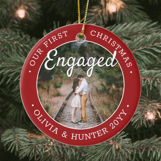 2 Photo Our First Christmas Engaged Red and White Ceramic Ornament (Creator Uploaded)