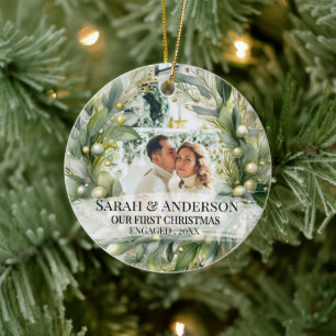 2 Photo Our First Christmas Engaged , Zengaged Ceramic Ornament