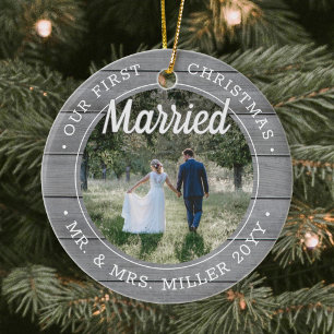 2 Photo Our First Christmas Married Faux Grey Wood Ceramic Ornament