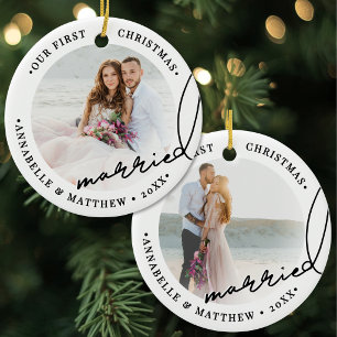 2 Photo Our First Christmas Married Photo Ceramic Ornament