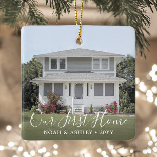 2 Photo Our First Home Housewarming White Script Ceramic Ornament