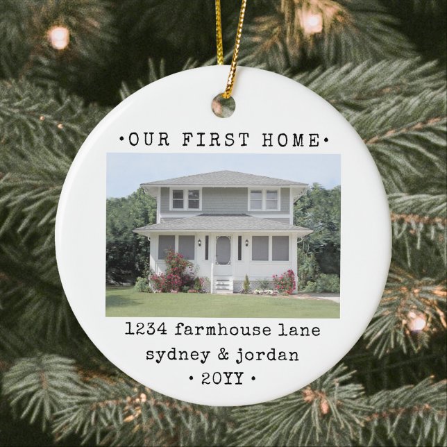 2 Photo Our First Home Modern Minimal Housewarming Ceramic Ornament (Creator Uploaded)