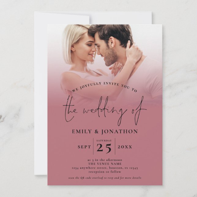  2 Photo Overlay QR Rose Gold Black Script Invitation (Front)