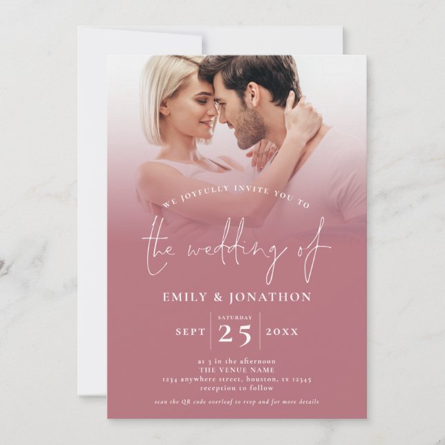  2 Photo Overlay Script QR Code Rose Gold Wedding  Invitation (Front)