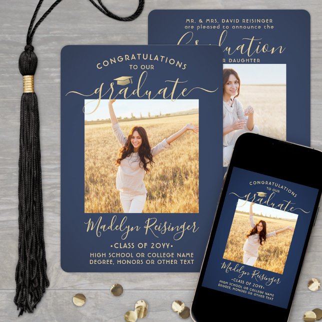 2 Photo Parents Congrats Navy Blue Gold Graduation Announcement (Creator Uploaded)