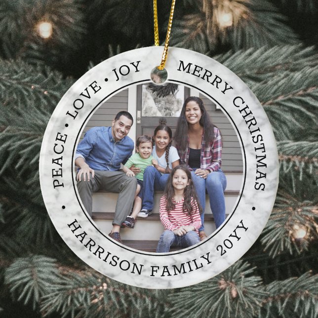 2 Photo Peace Love Joy Merry Christmas Faux Marble Ceramic Ornament (Creator Uploaded)