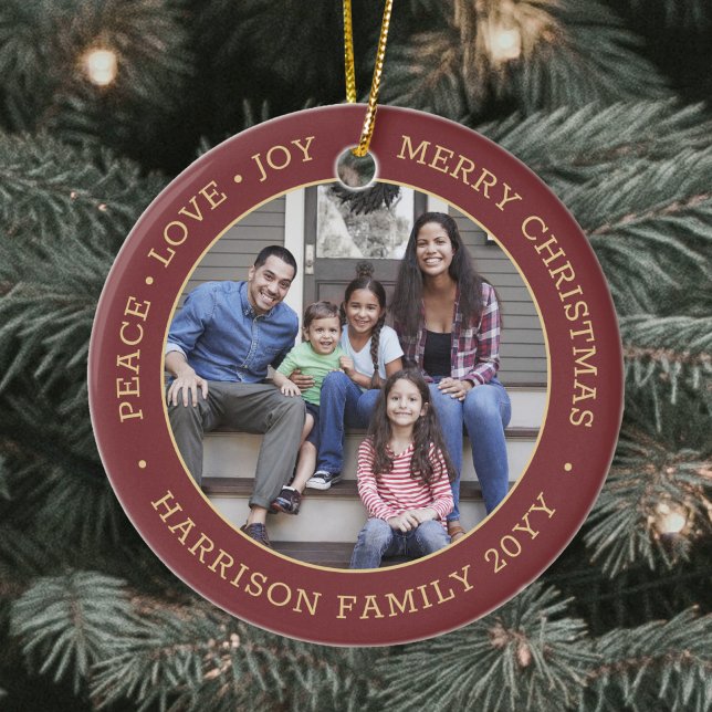 2 Photo Peace Love Joy Merry Christmas Red & Gold Ceramic Ornament (Creator Uploaded)