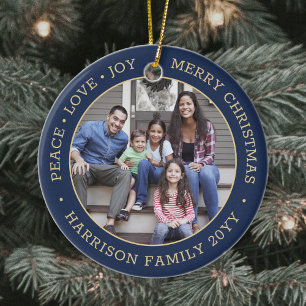 2 Photo Peace Love Joy Merry Xmas Brushed Navy Ceramic Ornament