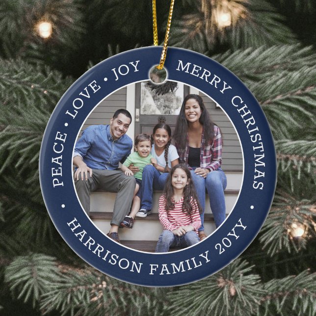 2 Photo Peace Love Joy Merry Xmas Navy Blue White Ceramic Ornament (Creator Uploaded)