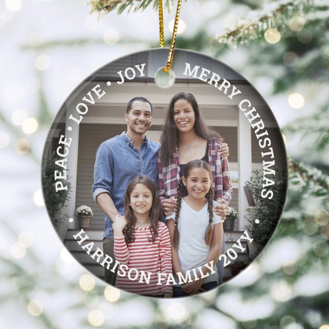 2 Photo Peace Love Joy Merry Xmas Simple Overlay Ceramic Ornament (Creator Uploaded)