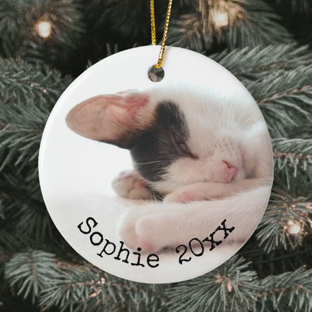 2 Photo Pet Name & Year Simple Black Typography Ceramic Ornament (Creator Uploaded)