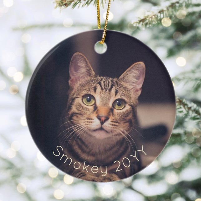 2 Photo Pet Name & Year Simple Gold Typography Ceramic Ornament (Creator Uploaded)