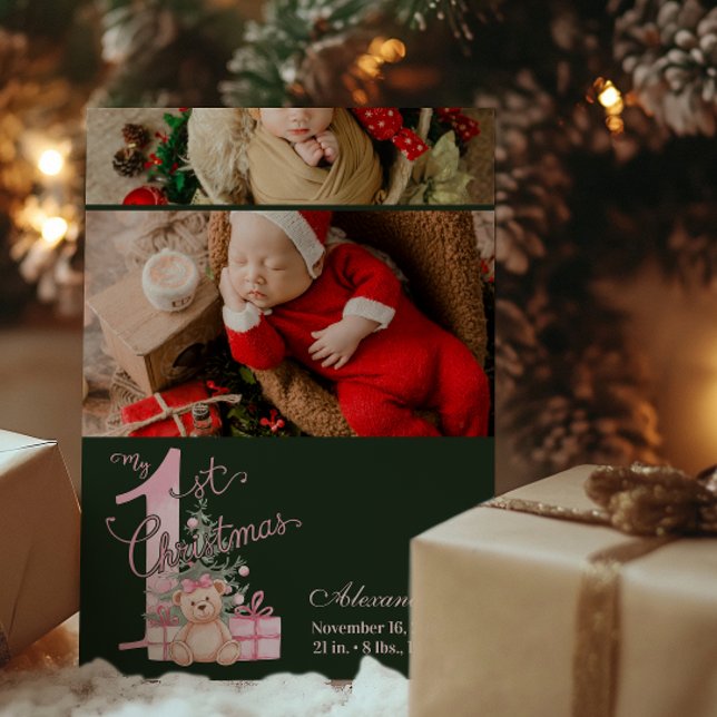 2 Photo  Pink Green Baby First Christmas Holiday Card (Creator Uploaded)