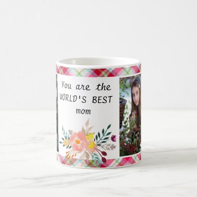 2 Photo Pink Plaid Floral World's Best Mum Coffee Mug (Center)