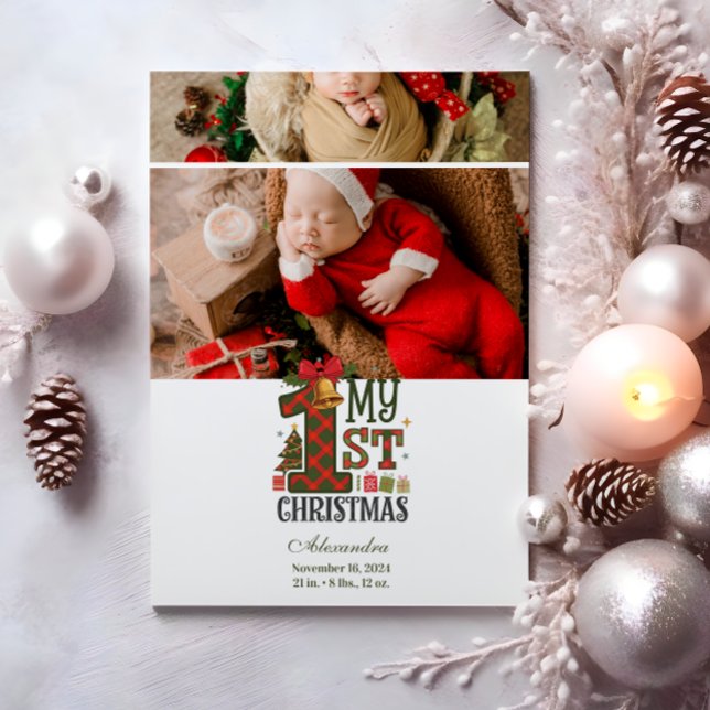 2 Photo Plaid First Christmas Holiday Card (Creator Uploaded)