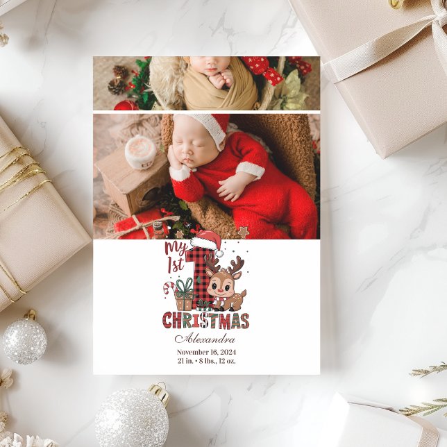 2 Photo Plaid Reindeer First Christmas Holiday Card (Creator Uploaded)