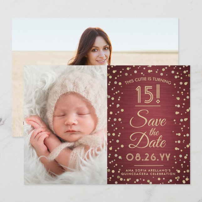 2 Photo Quinceanera Elegant Burgundy Gold Glitter Save The Date (Front/Back)