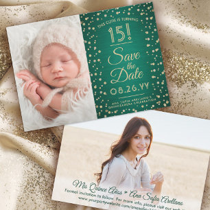 2 Photo Quinceanera Elegant Green and Gold Glitter Save The Date