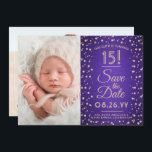 2 Photo Quinceanera Elegant Purple Gold Glitter Save The Date<br><div class="desc">Time flies! Invite family and friends to an elegant Quinceañera celebration for her with this stylish 2 photo purple and gold 3.5"x5" save the date invitation. (IMAGE PLACEMENT TIP: An easy way to center a photo exactly how you want is to crop it before uploading to the Zazzle website.) Design...</div>