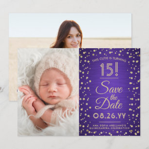 2 Photo Quinceanera Elegant Purple Gold Glitter Save The Date