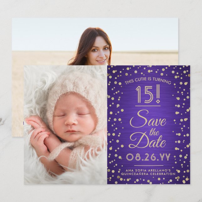 2 Photo Quinceanera Elegant Purple Gold Glitter Save The Date (Front/Back)