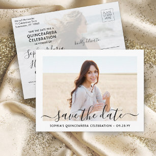 2 Photo Quinceanera Elegant Script Save the Date Announcement Postcard