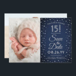 2 Photo Quinceanera Navy Blue Confetti Sparkle Save The Date<br><div class="desc">Time flies! Invite family and friends to an elegant Quinceañera celebration for her with this stylish 2 photo navy blue, grey & faux silver 3.5"x5" save the date invitation. (IMAGE PLACEMENT TIP: An easy way to center a photo exactly how you want is to crop it before uploading to the...</div>