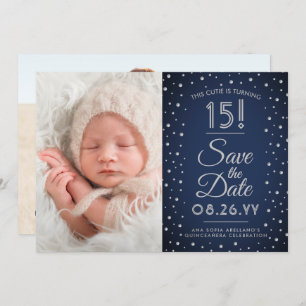 2 Photo Quinceanera Navy Blue Confetti Sparkle Save The Date