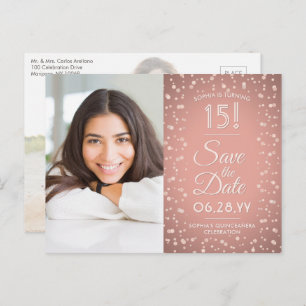 2 Photo Quinceanera Pink Rose Gold Save the Date Invitation Postcard