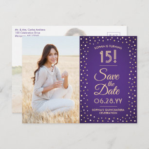 2 Photo Quinceanera Purple and Gold Save the Date Invitation Postcard