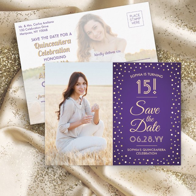 2 Photo Quinceanera Purple and Gold Save the Date Invitation Postcard (Creator Uploaded)