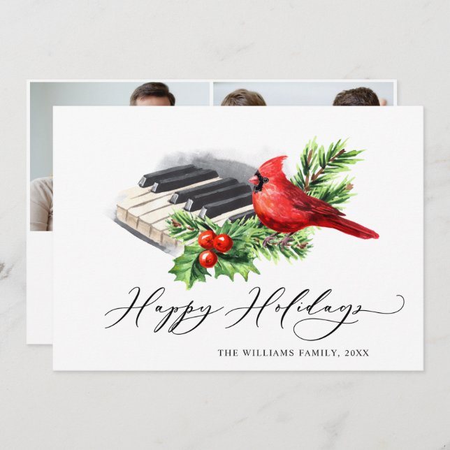 2 PHOTO Red Cardinal Holly Berry Christmas Holiday Card (Front/Back)