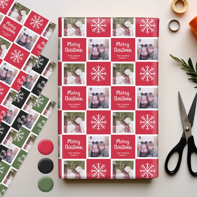 2 Photo Red Green Black Merry Christmas Snowflakes Wrapping Paper Sheet (Personalized Wrapping Paper - add photos to this festive holiday design)