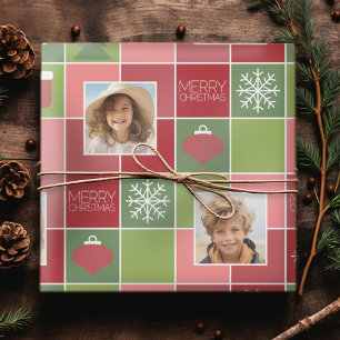 2 Photo Red Green Colour Block Merry Christmas Wrapping Paper