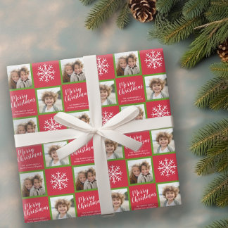 2 Photo - Red Green Merry Christmas Snowflakes Wrapping Paper