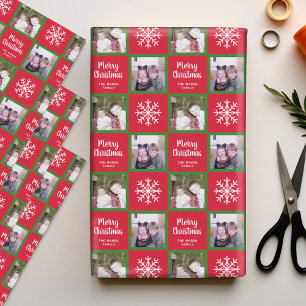 2 Photo - Red Green Merry Christmas Snowflakes Wrapping Paper Sheet