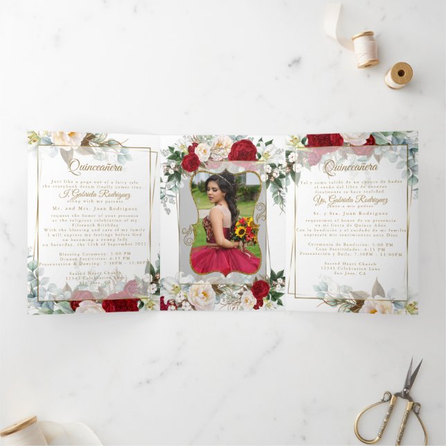 2 Photo Red Peony Mis Quince Años Tri-Fold Invitat Invitation (Inside)